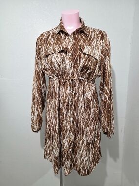 Rebdolls Brown & White Printed Long Sleeve Shirt Dress
